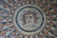 Central motive of the Medusa mosaic, 2nd century BCE, from Kos island, in the palace of the Grand Master of the Knights of Rhodes, in Rhodes city, island of Rhodes, Greece. Medusa mosaic Rhodes.jpg