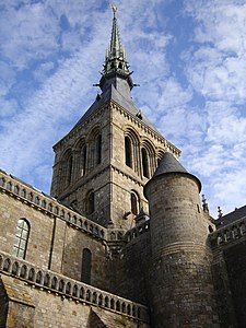 Spire of the abbdy on Mont Saint-Michel in Normandy, France.