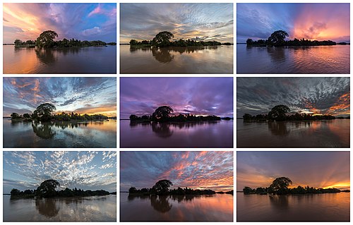 Montage of 9 photographs of an island with colorful clouds at dusk and sunrise in Don Det Si Phan Don Laos