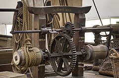 Details, rope coils and parts of the main deck of a 1885 Schooner sailboat