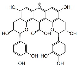 Structuur van verbinding NJ2, een xanthyliumpigment dat in wijn wordt aangetroffen.