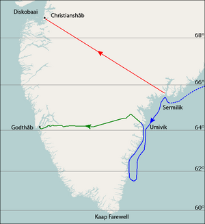 Suidelike Groenland (onder 70°N), met Christianshåb en Godthåb op die weskus en Sermilik en Umivik op die ooskus. Kaap Farewell word aangedui as die suidelikste punt van die land. Die gekleurde lyne dui die werklike en beplande roetes per boot en te voet van Nansen se geselskap aan.