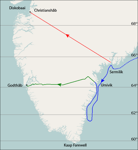 Nansen's 1888 route across Greenland showing Sermilik and Umivik in the east coast. Nansen Greenland Crossing Map af.png