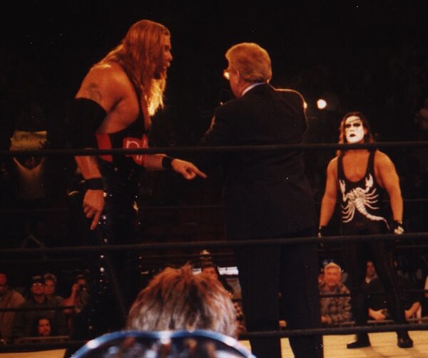 Sting (right) drastically changed his appearance in 1996 after the formation of the New World Order which included Kevin Nash (left).