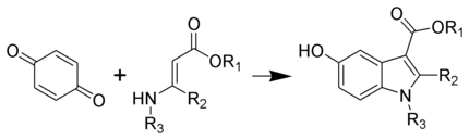 Algemeen reactieverloop van de Nenitzescu-indoolsynthese