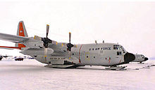 LC-130Hs equipped with landing skis, operated by the 139th Airlift Squadron, 109th Airlift Wing, New York Air National Guard, parked on the ice pack at McMurdo Station at Ross Island in Antarctica during Operation Deep Freeze 2001. The unit operates six LC-130s between Christchurch, New Zealand, and a number of U.S. National Science Foundation stations located on the Antarctic ice pack, 5 November 2001. (Photographer: MSgt Joe Cupido, Air Force photo) New York 109th Airlift Wing LC-130 Hercules.jpg