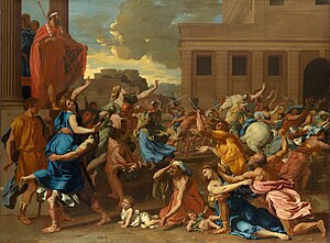 The Rape of the Sabine Women; by Nicolas Poussin; 1634–1635; oil on canvas; 1.55 × 2.1 m; Metropolitan Museum of Art (New York City)[157]