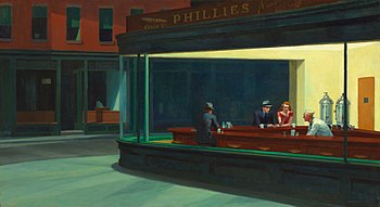 Realistická olejomalba Edwarda Hoppera Noční ptáci z roku 1942 v chicagském Institutu umění, s hosty v nočním dineru, je příkladem americké populární kultury