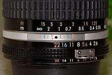 Nikon 28mm f/2.8 lens with markings for the depth of field. The lens is set at the hyperfocal distance for f/22. The orange mark corresponding to f/22 is at the infinity mark ([?]). Focus is acceptable from under 0.7 m to infinity. Nikon 28mm lens at hyperfocus.jpg