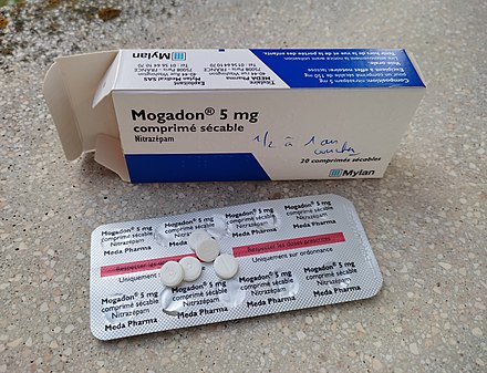 A box of Mogadon pills containing 5mg of Nitrazepam.