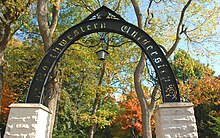 The Arch at Northwestern's entrance is situated at the intersection of Sheridan Road and Chicago Avenue, the site of the protest barricade Northwestern Arch.jpg