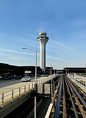 Control tower and Terminals 3 and 2 seen from ATS (Airport Transit System)