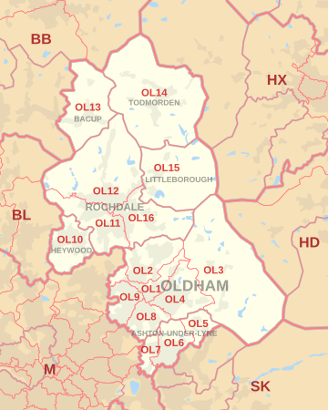 OL postcode area map, showing postcode districts in red and post towns in grey text, with links to nearby BB, BL, HD, HX, M and SK postcode areas. OL postcode area map.svg