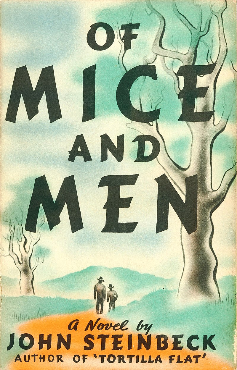 Book cover illustration of two men walking along a dirt path between grass and a few trees