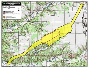 Map of Old Fort Wayne Battlefield core and study areas by the American Battlefield Protection Program. Old Fort Wayne Battlefield Oklahoma.jpg
