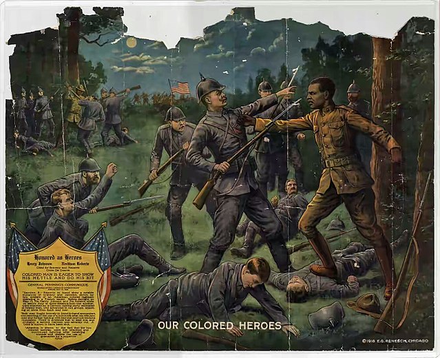 A 1918 lithograph dramatizing Johnson's actions in the war.
