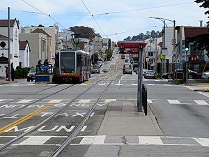 Outbound train at Taraval and Sunset, May 2018.JPG