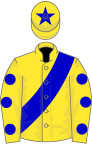 Yellow, blue sash, spots on sleeves, star on cap