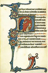 Pagina uit een evangeliarium Cambrai 1270 à 1280, versierde marge (horen zien en zwijgen ?)