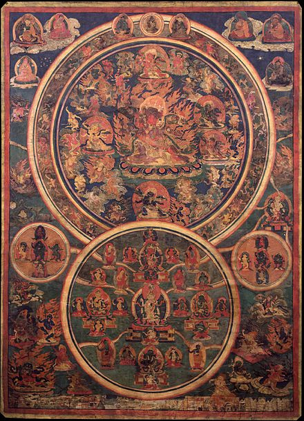 Tibetan illustration of the Peaceful and Wrathful Deities of the post-mortem intermediate state (bardo). Some Tibetan Buddhists hold that when a being goes through the intermediate state, they will have visions of various deities.