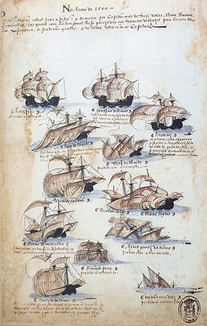 様々な形状の帆船を描いたペン画。何隻かは沈みかけている。