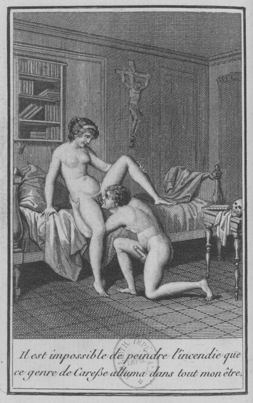 Pigault-Lebrun, L’Enfant du bordel, Tomes 1 et 2, 1800, fig., p. 256. Il est impossible de peindre l’incendie que ce genre de Careſse alluma dans tout mon être.