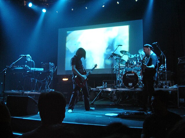 Porcupine Tree in Madrid, 2008; Richard Barbieri (left), Steven Wilson, Gavin Harrison (on drums) and Colin Edwin.
