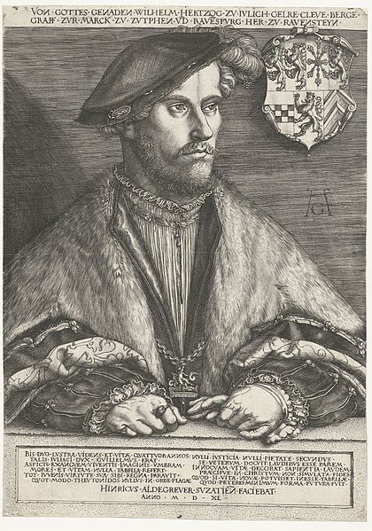 Wilhelm, Duke of Jülich-Cleves-Berg, also known as Wilhelm the Rich, grandmaster of the Order at his ascension to the dukedom in 1539. Engraving by He