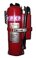 An 18 lb (8.2 kg) US Navy cartridge-operated purple-K dry chemical (potassium bicarbonate) extinguisher.
