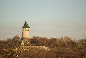 The "Witch's Hat" water tower in Prospect Park. This landmark is only a few blocks from where Minneapolis and Saint Paul meet. Prospect park witchs hat fall.jpg