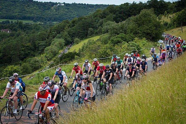 Prudential Ride-London 100: Amateur cyclists ascending the Zig Zag Road (July 2016)