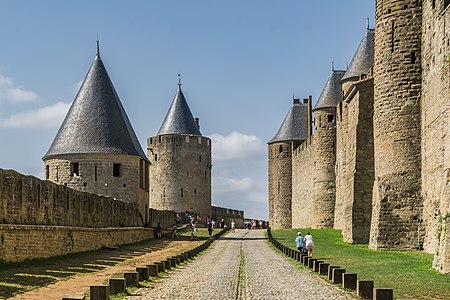 Ramparts of the historic fortified city of Carcassone, Aude, France