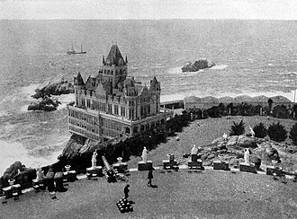 The second Cliff House, from the Sutro Heights estate gardens. Review of reviews and world's work (1890) (14598310127).jpg