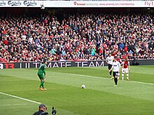 Van Persie prepares to take a penalty for Manchester United against former club Arsenal at the Emirates in 2013. Robin Van Persie MUFC 2013.jpg