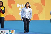 Deutsch: Badminton bei den Olympischen Jugendspielen 2018; Tag 2, 8. Oktober 2018; Siegerehrung Mädchen English: Roller speed skating at the 2018 Summer Youth Olympics; day 2, 8 October 2018 – Girls Victory Ceremony