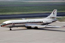 A Royal Air Maroc Caravelle at Düsseldorf Airport in 1973. The carrier ordered its first two aircraft of the type in 1958.[8]: 101 