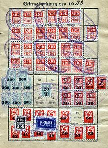 SPD-Beitragsmarkenaus dem Jahr 1923 (Quelle: Wikimedia)