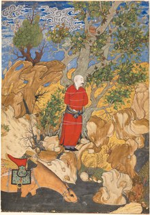 Painting shows an Aulad tied to a tree because he is not trusted after helping Rustam, a legendary hero in epics. This painting reflects a stylistic change to Sadiqi Beg's artwork. Sadiqi Bek - Aulad Tied to a Plane Tree, from a Shahnama by Firdausi - 1988.101 - Cleveland Museum of Art.tif