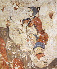 The "saffron-gatherer" fresco, from the Minoan site of Akrotiri on Santorini Saffron gatherers detail Thera Santorini.png