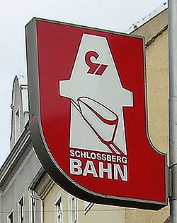 Illuminated sign near the Schlossbergbahn tram stop (graphic with panorama car, 2007)