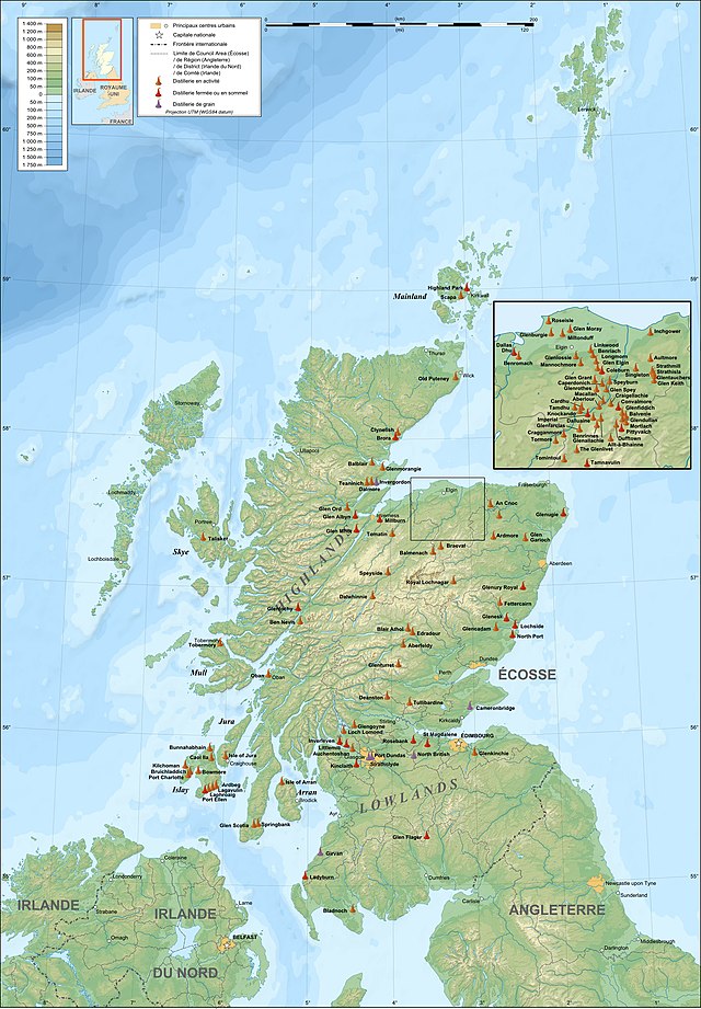 Carte des distilleries de whisky en Écosse.