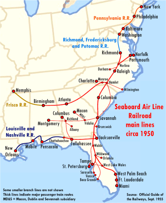 Main routes of the Seaboard in the early postwar era, showing through passenger service handled by other railroads to offline destinations.