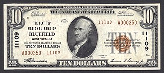 A small-size National Bank Note, series of 1929 Small-size $10 National Bank Note from Bluefield, West Virginia.jpg