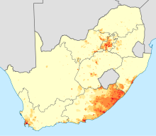 Geographical distribution of the Xhosa in South Africa: density of Xhosa home-language speakers. 
  < 1 /km²
  1–3 /km²
  3–10 /km²
  10–30 /km²
  30–100 /km²
  100–300 /km²
  300–1000 /km²
  1000–3000 /km²
  > 3000 /km²