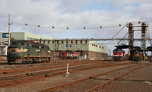 Pacific National and V/Line broad gauge locomotives stabled outside the depot in April 2009 South Dynon Locomotive Depot 2009.jpg
