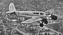 A Spartan Cruiser photographed over Melbourne circa 1934. It is identical to its sister G-ACYL, which was involved in an accident at Hall Caine Airport, 16 May 1936. Spartancr34.jpg