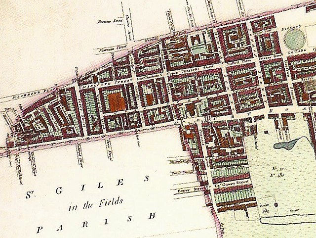 The south-west of the parish of St Pancras, showing boundary with Giles in the Fields, 1804: Tottenham Court Road to the west and Francis street (now 