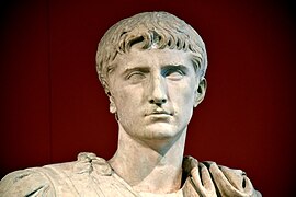 Statue of a Julio-Claudian prince. Head probably depicts Gaius Caesar, made 5 BCE-14 CE. Torso of a general made 69-90 CE. Altes Museum, Berlin.jpg