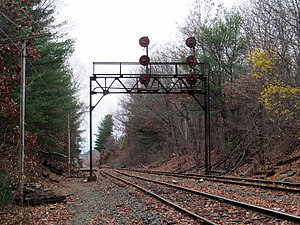 Stony Brook Branch signal bridge in Graniteville, November 2016.JPG