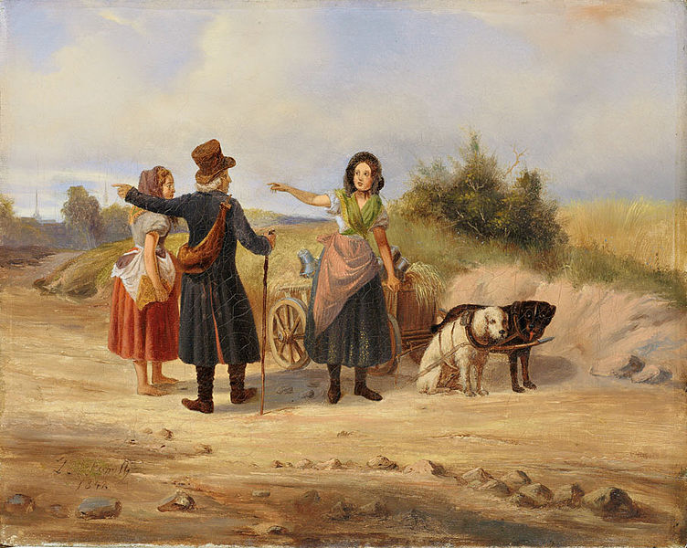 File:Straßenszene 1842 Wanderer fragt nach dem Weg.jpg